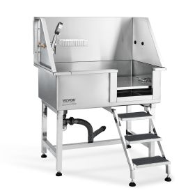 VEVOR 38" Pet Dog Bathing Station w/Ramp, Professional Stainless Steel Dog Grooming Tub w/ Storage Drawer, Floor Grate, Faucet, Dog Bathtub for Large,